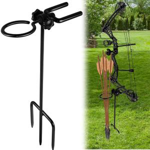 Ground Blind Bow Holder with Rubber Coated, Rustproof Hunting Compound Bow Holder Stable Archery Bow Stand Versatile Ground Stake Bow Holder Archery Accessories for Hunting Target Practice (360-Degree Rotating with Arrow Ring - 1 Pack)