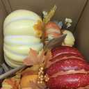 2Pcs 14" Large Stacked Pumpkin Tower Decor, Light Yellow & Orange Hard Foam Artificial Pumpkin Topiaries with Maple Leaves Wheat, Fall Ornament for Halloween Thanksgiving Table Porch Decor