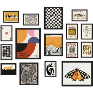 ANERZA 16 PCS Framed Eclectic Wall Art Decor, Modern Maximalist Wall Prints for Bedroom, Vintage Gallery Wall Frame Set, Bauhaus Funky Posters for Home Decor, Retro Abstract Dorm Collage Kit