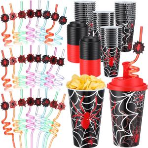 Yungyan 16 Sets Spider Party Favors Goodie Cups with Lids and Straws for Halloween Party Decorations Reusable 16oz Plastic Candy Cups Plastic Straws for Birthday Gift (Spider)