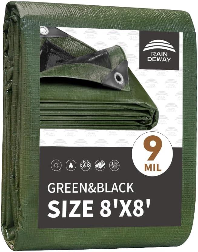 RAINDEWAY 8x8 Feet Tarp Waterproof,Durable,9Mil Thick Finished Size,Multipurpose Poly Tarp Cover with Metal Grommets and Reinforced Edges,Green/Black Tarps