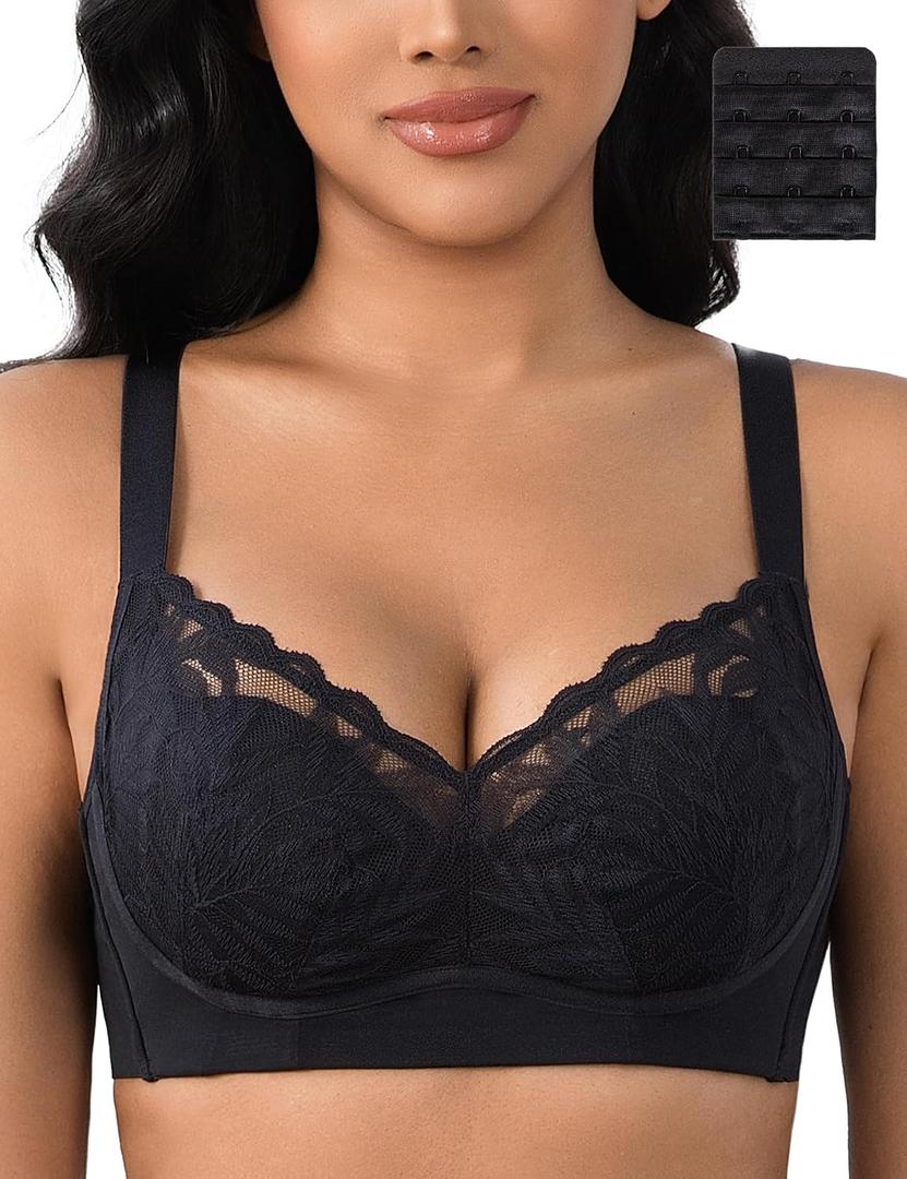 Wireless Minimizer Bras for Women Plus Size Lace Bralettes | No Underwire, Lightly Padded, Petal Pad, V Neck, Comfort Everyday Wear, Wirefree Supportive Bras for Large Bust, Size 36C-46G (Black)