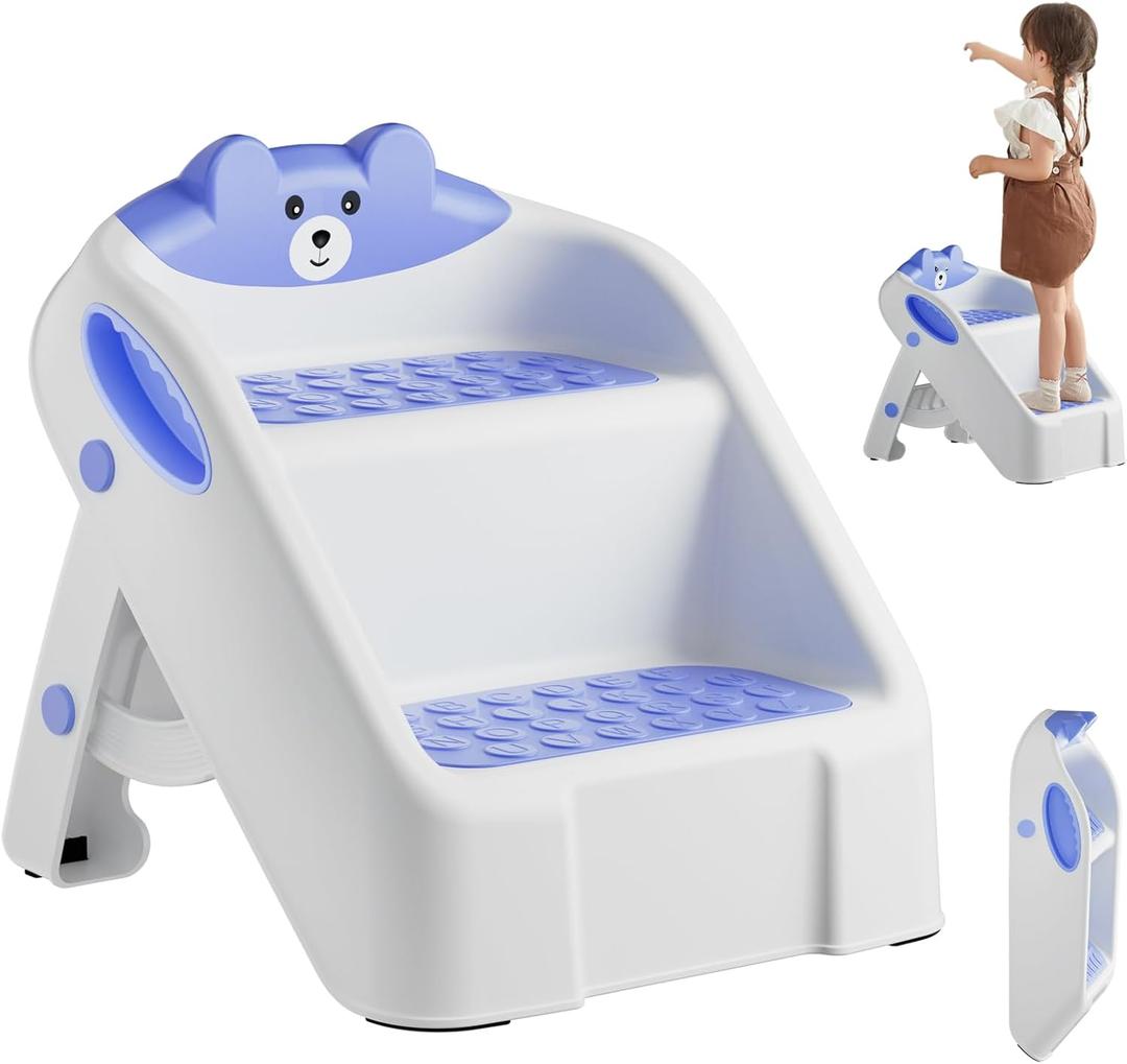 Toddler Step Stool for Bathroom Sink, 2 Step Stools for Kids, Kids Step Stool with Safety Non-Slip Pads and Handles, Foldble Kids Stool, Toddler Stool for Kitchen Toilet Counter Bed (Blue)