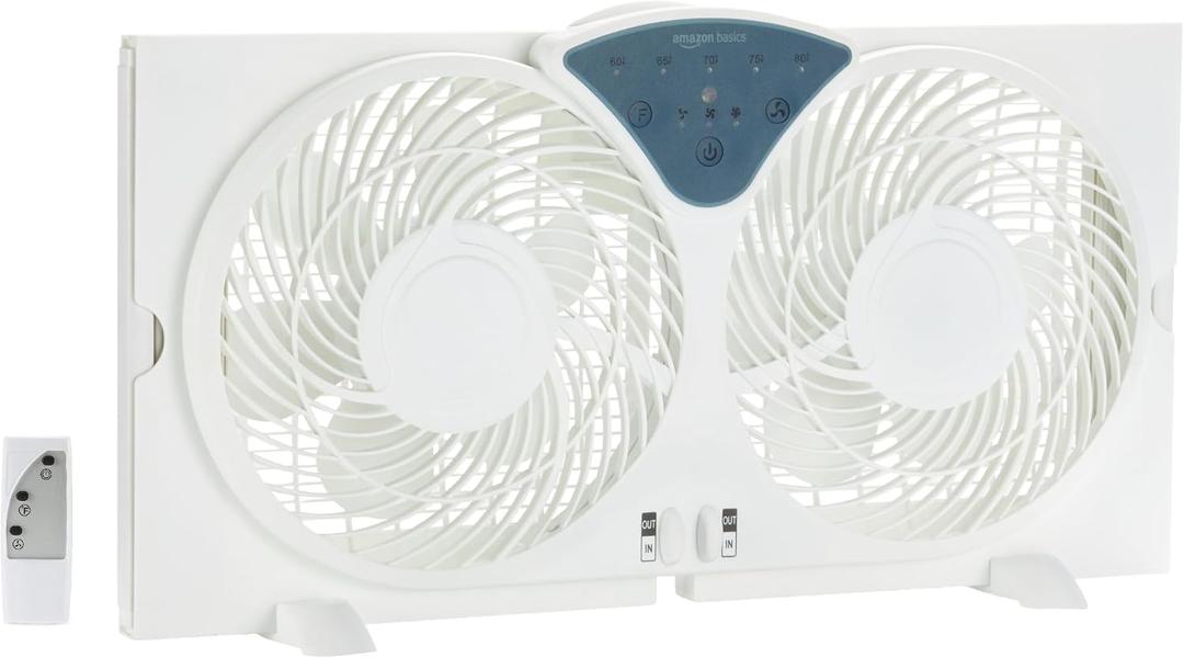 Amazon Basics Twin Window Fan with Reversible Airflow, 3 Speeds, Exhaust, Expandable Side Panel, Digital Control, 9 inch, 78W, White