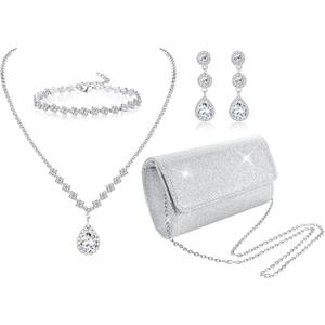 Subiceto 4Pcs Silver Clutch Purse Jewelry Set for Women Evening Rhinestone Purse Crystal Necklace Earrings Bracelets Set Silver Accessories for Women Bride Wedding Jewelry Lightweight
