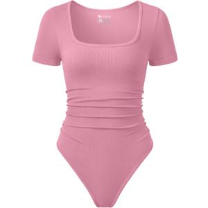 OQQ Women Bodysuits Ruched Waist Short Sleeve Travel Bodysuits, XL