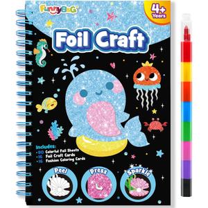 FUNNYB&G Foil Art Craft Kit for Girls 4-10 Years Old: Mess-Free & No-Glue, Create 16 Sparkly Ocean Pictures Perfect Travel Toy & Birthday Gift for Kids (Ocean), Small