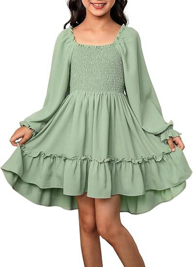Blibean Girls Long Sleeve High-Low Hem Dress Fall Boho Ruffle Casual Tween & Teen, Wedding Guest, Christmas, Fall, Holiday, Formal, Party, Square Neck, Spring, Above Knee Midi A-Line, Size 10Y-11Y