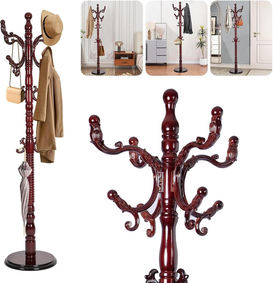 Solid Wood Coat Rack  73" Freestanding Coat Racks Stand with 14 Hooks & Stable Round Base, Adjustable Height Modern Wooden Hall Tree for Entryway, Bedroom, Office, Home (Mahogany Round)