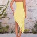 ZESICA Women's 2026 Summer Strapless Bodycon Tube Dress Sexy Off Shoulder Mesh Irregular Ruffle Backless Party Midi Dresses (Yellow, M)