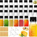 42 Pcs 2oz Plastic Bottles for Liquids, Mini Jars with Lids juice shot bottles with caps with Scale and Labels for Juice Ginger Sauce Bulk Portable Travel