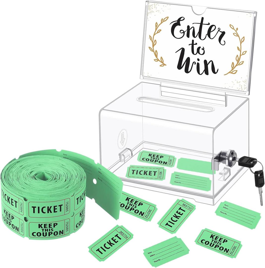 Havawish Enter to Win Raffle Ticket Box with 500 Raffle Ticket Double Roll and Slot Clear Acrylic Donation Box with Lock 6.3" x 4.7" x 3.9" Ballot Holder with 2 Keys for Game Suggestion(Green)