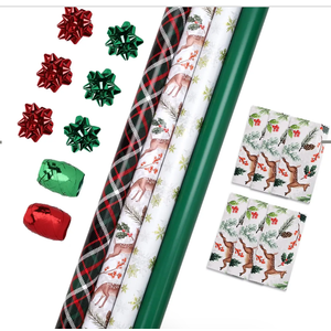 LaRibbons Christmas Wrapping Paper Set, Reindeer & Snowflake Design with Gift Bow & Ribbons & Tags, Perfect for Holiday, Party, Xmas Celebration,30 Inch X 10 Feet (4Rolls, 100 sq.ft.ttl.)