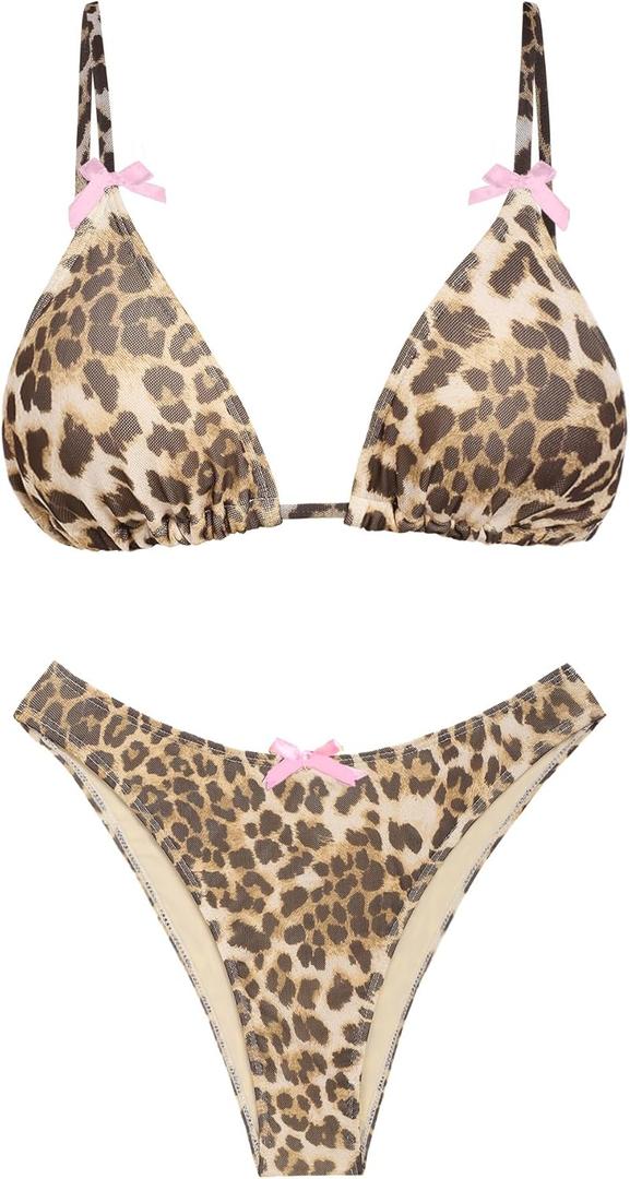 seamoly Women's Bikini Sets Tie Back Bowknot Two Piece Swimsuits Triangle Thong Bathing Suit Gingham Floral Cherry Printing (Veiled Leopard) Size S