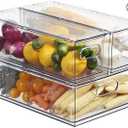 Bronkeeper Pull Out Clear Fridge Organizer Drawers with Drainer, Refrigerator Stackable Storage Bins for Kitchen Fruit & Veggie Organization (Complete Set)