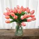 KOILLUXU Artificial Flowers 30pcs Bouquet 14" Tall Real Touch Tulips, Peach Pink PU Fake Tulips Flowers for Arrangement Wedding Party or Easter Spring Home Centerpiece Dining Room Office Table Dcor.