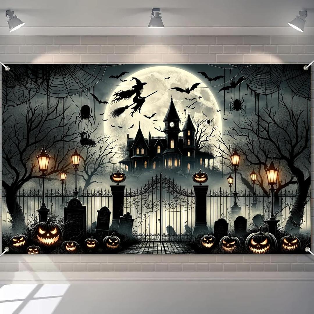 Halloween Witch Banner 71x43 Inch Backdrop with Haunted House, Bats, Pumpkins, Spider Webs, and Creepy Graveyard for Halloween Party Decorations Banner