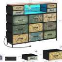 Tohomeor Retro Dresser with Charging Station & LED Light with Boho Fabric Drawers for Bedroom Chest of Drawers TV Stand with Power Outlet Open Shelf Storage (13 Drawers)