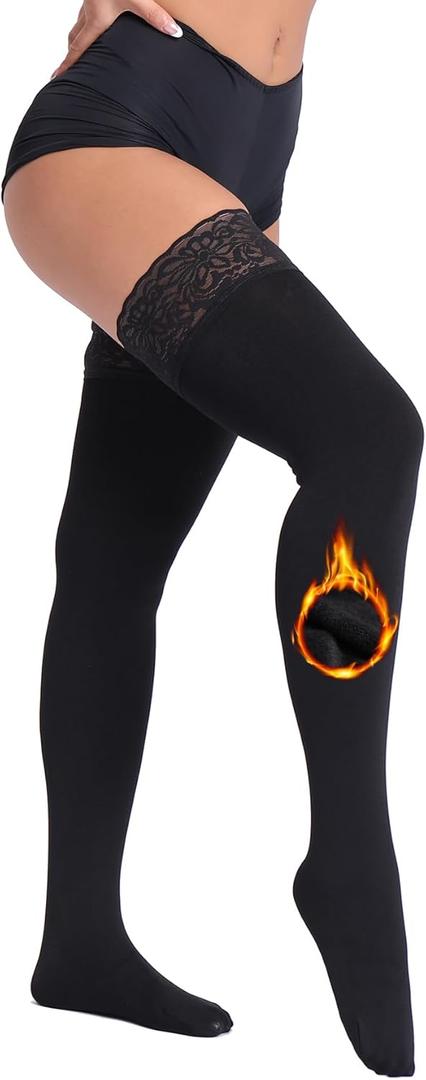 MERYLURE Warm Thick Thigh High Socks, Fleece Lined Stay Up Lace Top Stockings, Winter Tall Long Women Boots Leg Warmers (X-Large-XX-Large, Black)