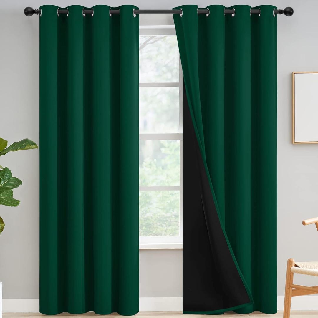 Yakamok 100% Blackout Curtains for Bedroom 96 Inch Length, Total Light Blocking Drapes with Black Backing, Thermal Insulated Solid Grommet Panels for Living Room, 52Wx96L, Emerald Green, 2 Panels