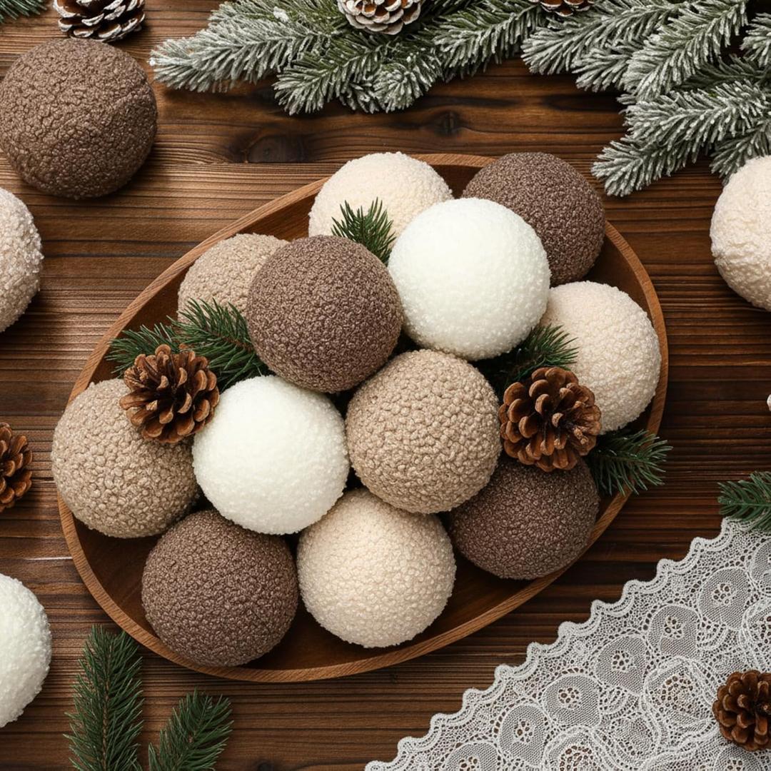 Civaner 12 Pcs 3.15 Inch Neutral Plush Christmas Balls Ornament Farmhouse Brown Beige Christmas Tree Hanging Decoration Wool Plush Fur Surface Balls for Party Xmas Tree Fireplace Wreath Hanging Decor