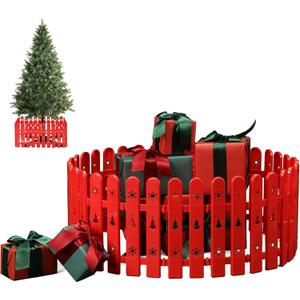 Christmas Tree Fence, 36 PCS Picket Fence Holiday Decoration Around Artificial Real Xmas Trees, Plastic PVC Small Fence Panel Freestanding Barrier to Go, Toddlers Cats Proof, Overall 11"W x175"L, Red