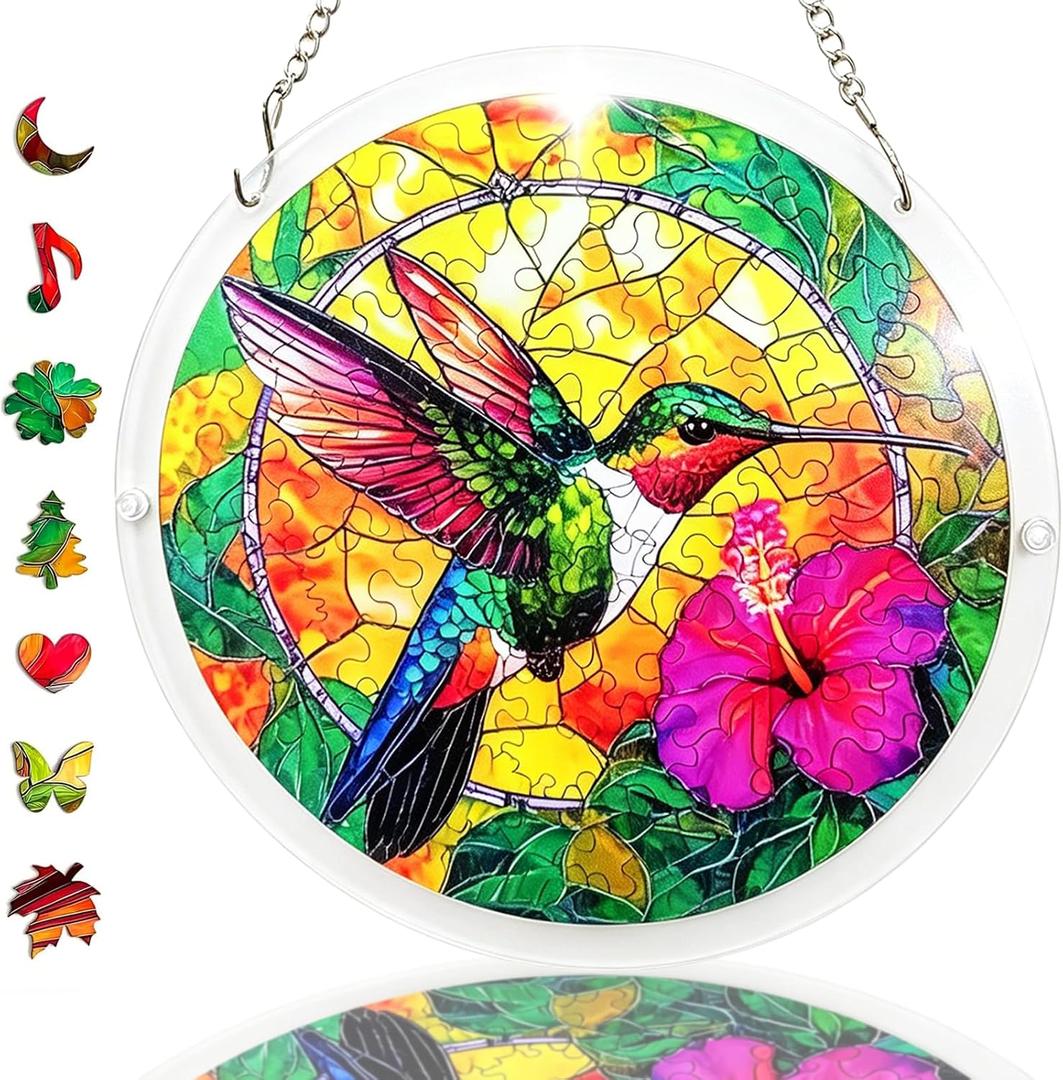 Acrylic Suncatcher Puzzle, 83 Pieces Unique Hummingbird Sun Catcher Puzzle Kit for Doors Garden and Window Hanging, DIY Suncatcher Kits for Adults, 7.4 in