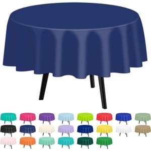 QIKSION Navy Blue Round Tablecloth 3 Pack, 84 Inch Plastic Table Cover Disposable for Parties