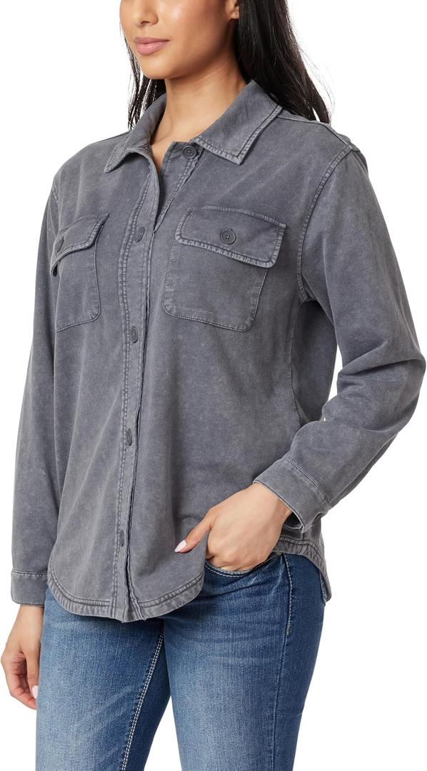 WallFlower Casual Fleece and Plaid Shackets Jackets Juniors for Women, Soft Button-Down (Gray, S)
