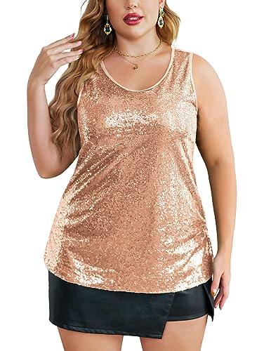 IN'VOLAND Women's Sequin Tops Plus Size Glitter Tank Top Sleeveless Sparkle Shimmer Shirt Tops Camisole Vest Rose Gold, Size 22Plus