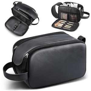 HOTOR Travel Toiletry Bag - Water Resistant Travel Essentials for Women and Men, Compact Leather Toiletries Organizer with Handle, Versatile Cruise Ship Essentials, Black, Large