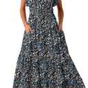 BLENCOT Womens Cotton Floral Maxi Dresses Casual Flowy Boho Dresses Summer Ruffle Short Sleeve V Neck Dress with Pockets (L)