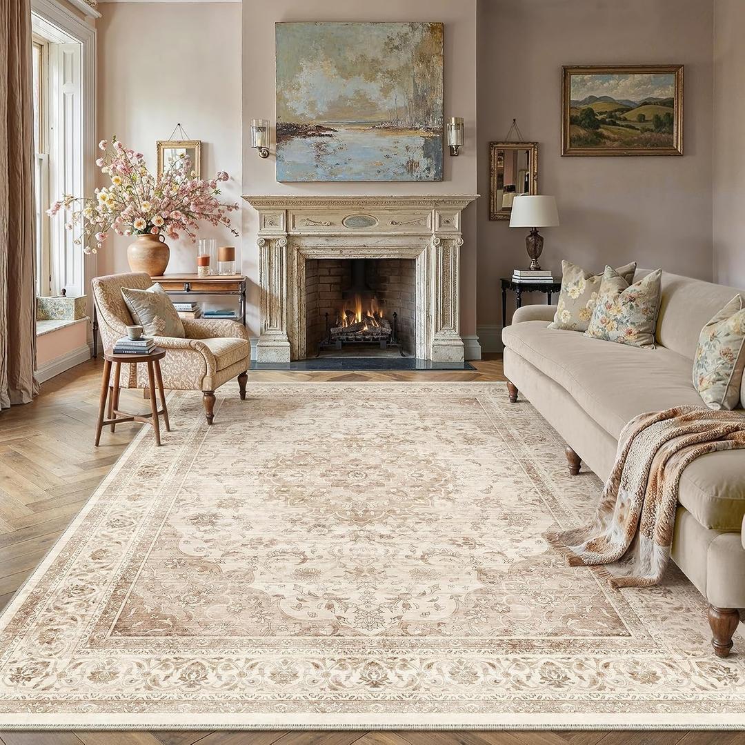 8x10 Beige Washable Vintage Area Rug for Living Room Bedroom Soft Tranditional Non Slip Large Throw Rug Lightweight Floral Low Pile Distressed Carpet Office Playroom Home Decor