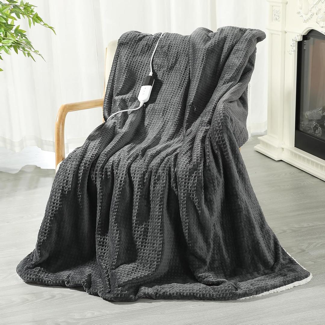Heated Blanket Throw,Waffle Weave Electric Blanket, Rapid Heating,LCD Controller,6 Temperature Settings, 4-Hour Auto Shut-Off,ETL Certified, Machine Washable, 50  60,Luxury Black (Light Grey)
