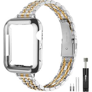 QUNDAXI Gold Apple Watch Band Compatible with Apple Watch 41mm 45mm 42mm 44mm 40mm 38mm Metal stainless steel Watchband suitable for iWatch 9/ 8/ 7/ 6/ 5/ 4/ 3/ 2/ 1/ SE series Women Luxury strap (38mm 40mm