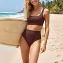 ANRABESS Women's High Waisted Bikini Sets Two Piece Tummy Control Swimsuits High Cut Summer Beach Vacation Bathing Suits (Brown, S)