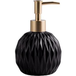 Ceramics Gold Soap Dispenser for Bathroom, Round Soap Dispenser with Delicate Embossed Rhombus Design (Black)