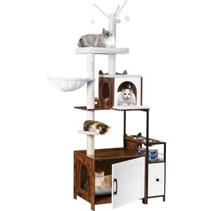 Snughome Cat Tree with Litter Box Enclosure, 3-in-1 Modern Cat Tower for Indoor Cats, 67.32 Hidden Cat Litter Box Furniture with Cat Condo, Food Station and Hammocks, All-in-one Cat Furniture