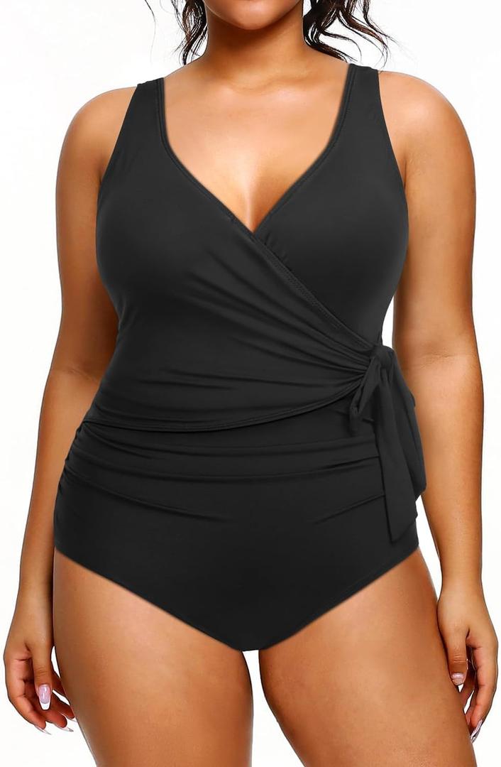 Yonique Plus Size One Piece Swimsuits for Women Tummy Control Bathing Suits Full Coverage Swimwear (Black)