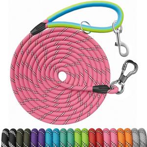 NTR Dog Long Leash, 100FT Recall Training Rope Lead, with 2 Swivel Hooks, Reflective Threads and Soft Rubber Handle, Puppy Leash for Walking, Hunting, Camping for Small Medium Large Dogs-Pink (100ft*3/8")