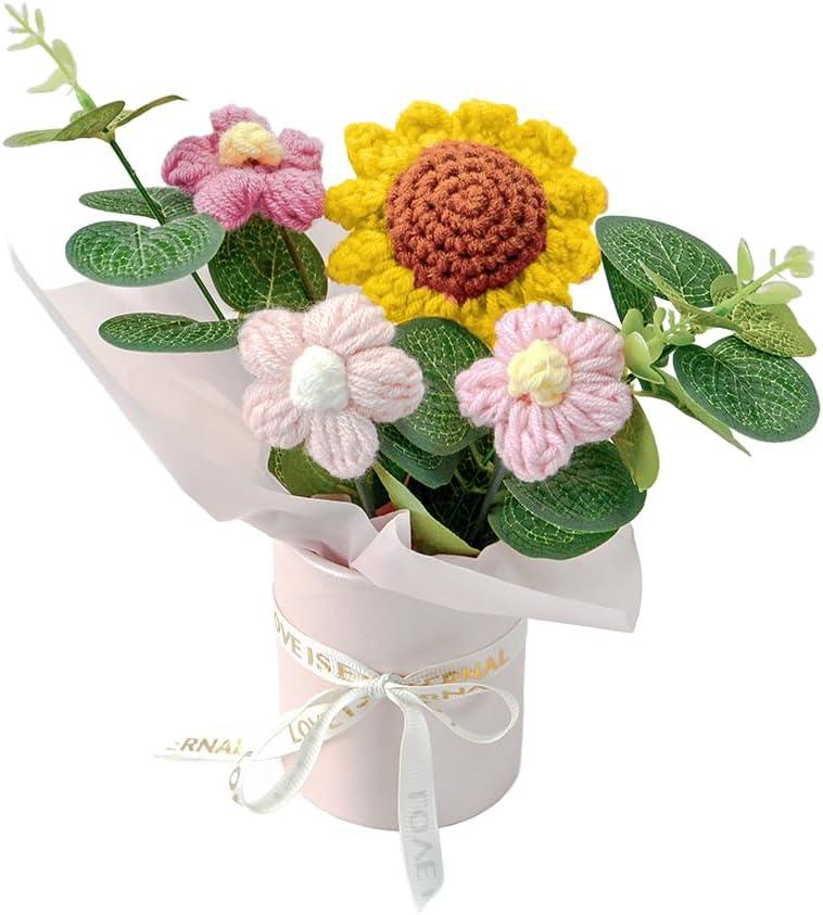 Crochet Medium Sunflower Flower Bouquet: Handmade Knitted Bouquet for Mother's Day Birthday Home Decor Girlfriend Wedding Grandma Bday Gift(Pink) (Pink)