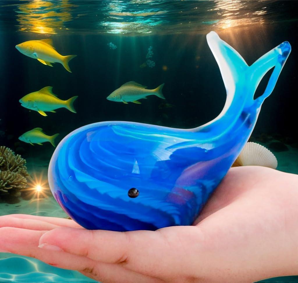 Blue Glass Whale Figurine Collectibles Hand Blown Art Glass Whale Sea Animal Paperweight Home Table Decor Gifts for Daughter Women Mom Gifts
