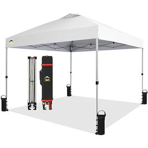 CROWN SHADES 10x10 ft. Pop Up Canopy - Beach Tent with One Push Setup - Easy Outdoor Sun Shade for Events, Parties, Camping - Gazebo with STO-N-Go Cover Bag, Silver Coated Top, Grid White