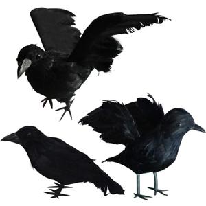 FUNPENY Halloween Black Feathered Crows, 3 Pack Black Crows with Real Feather Halloween Decoration for Indoor Outdoor