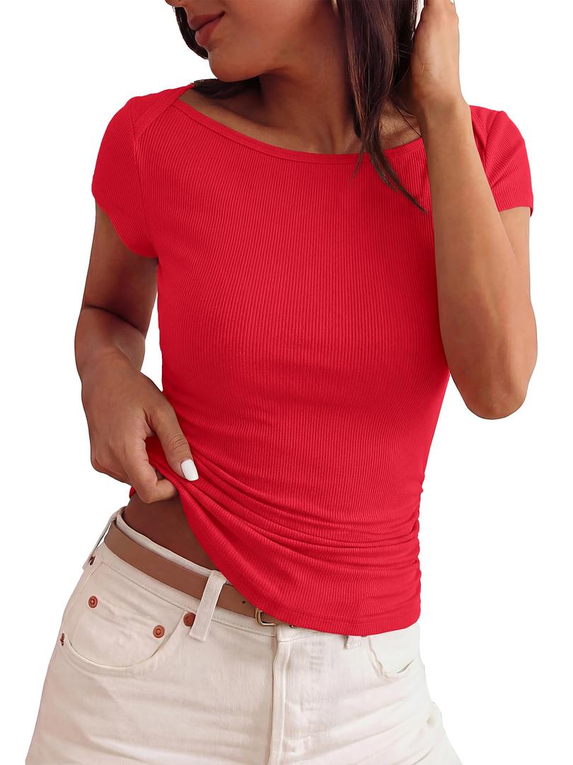 BTFBM Womens Summer Tops 2026 Ribbed T Shirts Crew Neck Short Sleeve Stretchy Ruched Slim Fit Workout Going Out Top(Red, XX-Large)