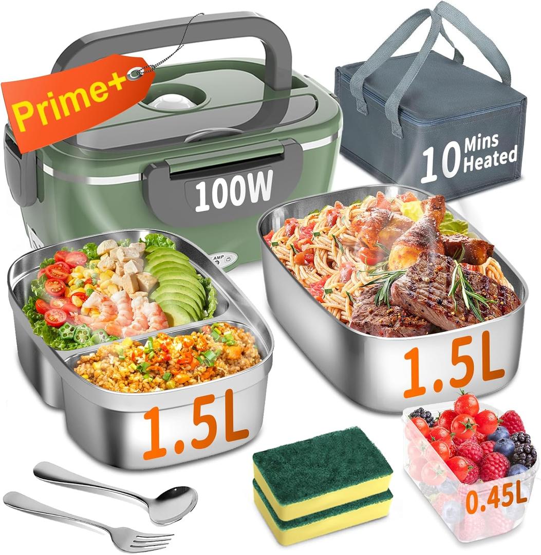 Electric Heated Lunch Box for Adults with 2 Pack 1.5L Containers, Portable 100W 3-IN-1 Fast Heated Lunch Box for Men, Portable Heating Food Warmer,12V/24V/110V for Car Truck Office Home Travel (Green)