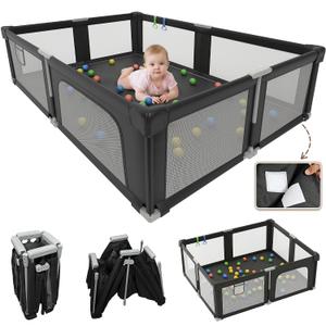 Foldable Playpen for Babies and Toddlers with Mat, 73" x 61" Playard for Indoor & Outdoor, Baby Play Pen with Soft Breathable Mesh, Pull-Link and Ocean Balls, Black