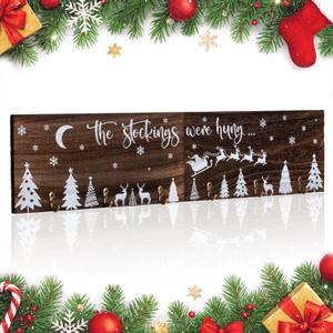Wooden Christmas Stocking Holder Xmas Stocking Hangers for Wall The Stocking were Hung Wood Hanging Sign with 6 Hangers for Christmas Fireplace Mantel Decorations 24.8inches (Winter Forest)