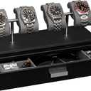 ROTHWELL Luxury Watch Display Case for 4 Watches – Leather Watch Box with Acrylic Cover and Removable Slide in Cushions – Accessory Drawer with Multiple Configurations (Black/Grey)