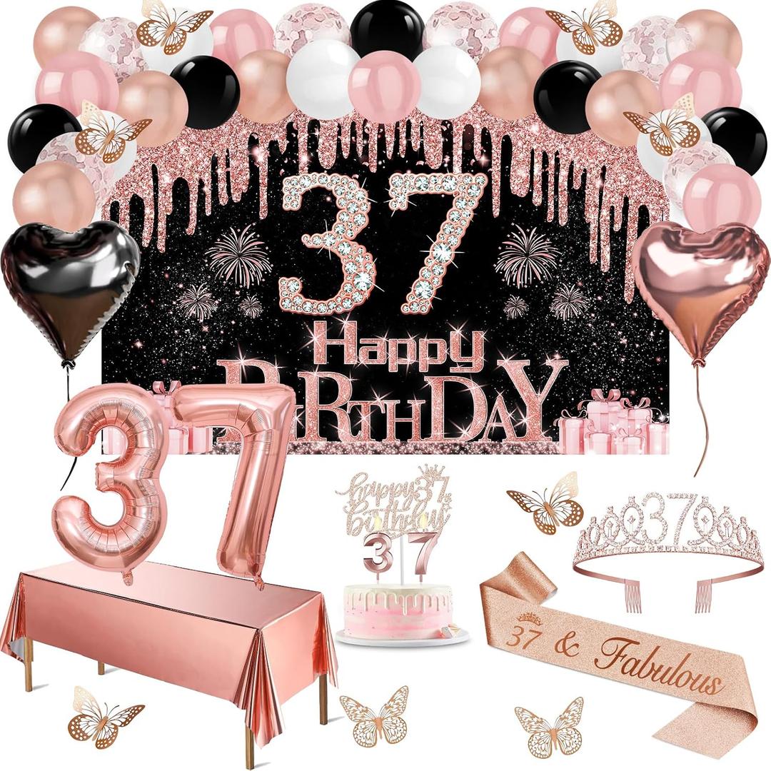 37th Birthday Decorations for Women, 49pcs Black Rose Gold Black Happy 37th Birthday Banner, Tablecloth, Butterfly Decor, Sash and Tiara, Cake Topper, Candles, Balloons Arch